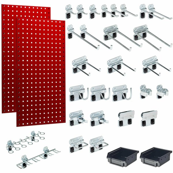 Triton Products 18in W x 36in H Red Steel Square Hole Pegboards 2, 30 pc. LocHook Assortment & Hanging Bin System LB18-RKit